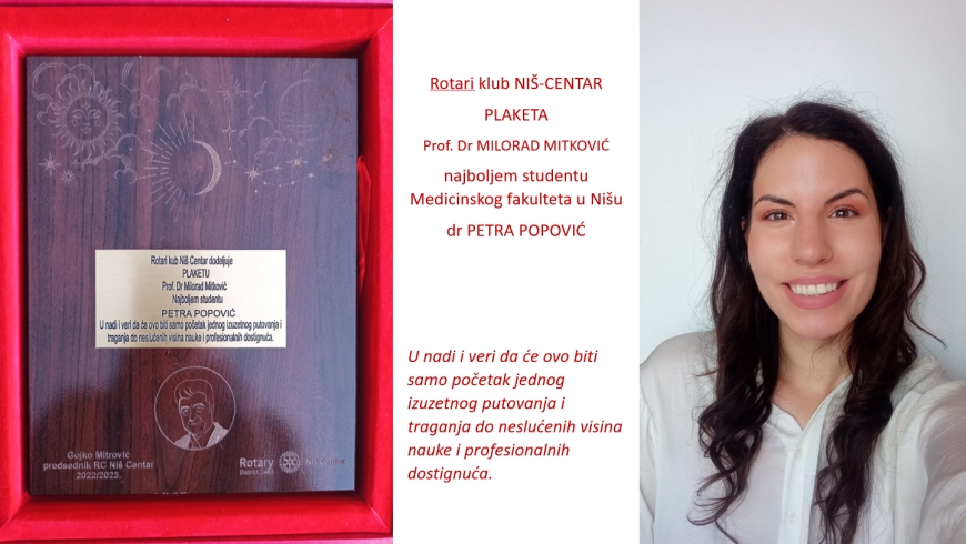 Plaketa „ Prof. dr Milorad Mitković" dodeljena najboljem studentu Medicinskog fakulteta u Nišu